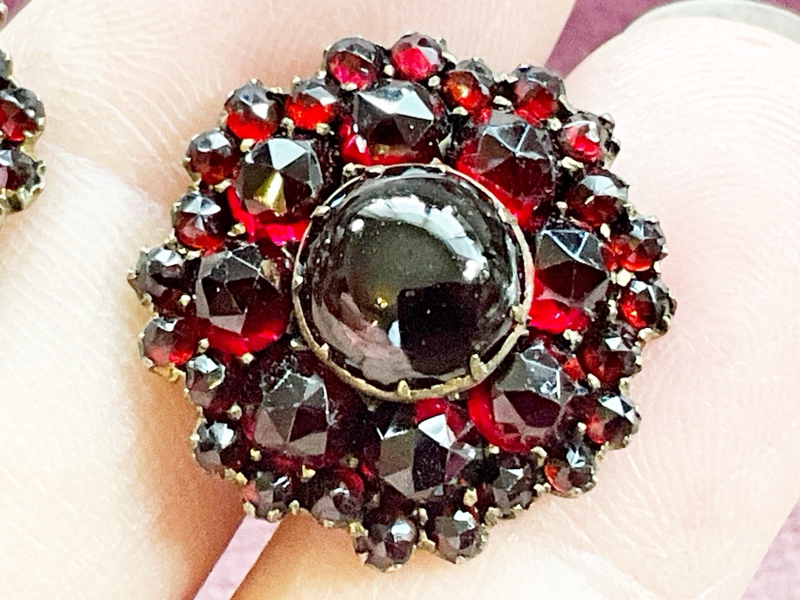 Antique Sterling Silver Vermeil Bohemian Red Garnet Cluster Screw Back Earrings