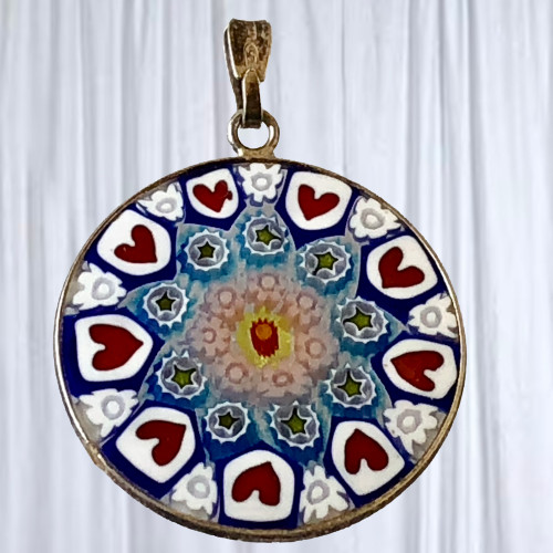 Italian Glass Handcrafted Pendant Mosaic Sterling Silver Flowers Heart
