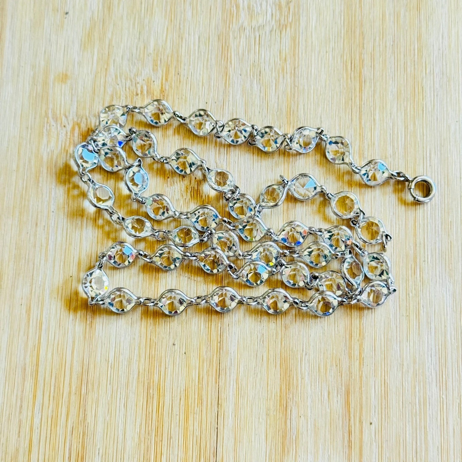 VTG Necklace Pointed Back Austrian Crystal Open Bezel Silver Tone Strand 30″