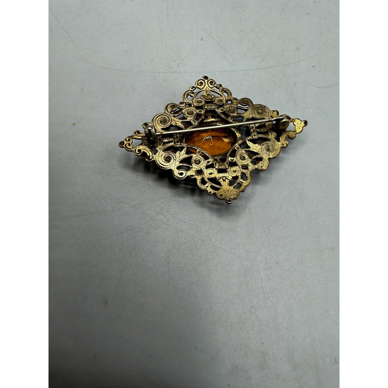 Vintage Brass Filigree Amber Glass Floral Brooch Victorian Revival Pin
