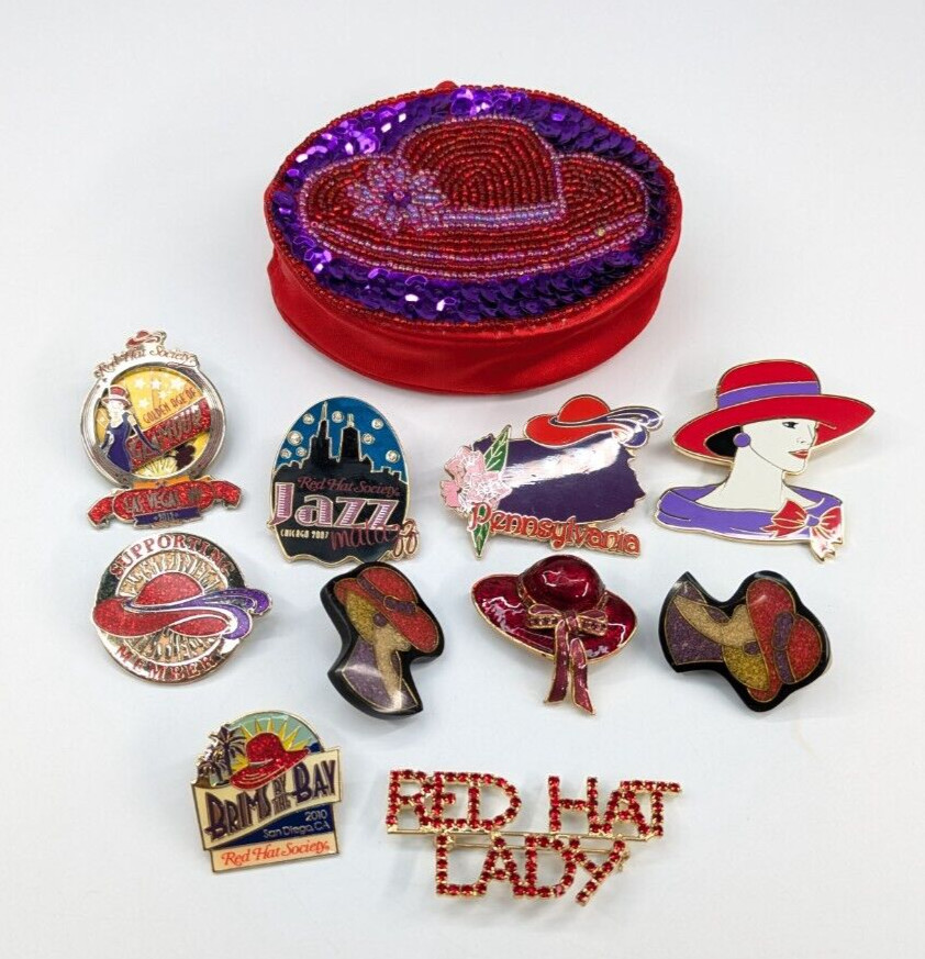 VTG Lot of Red Hat Society Assortment of 10 Brooch Pins Earrings Zipper Pouch