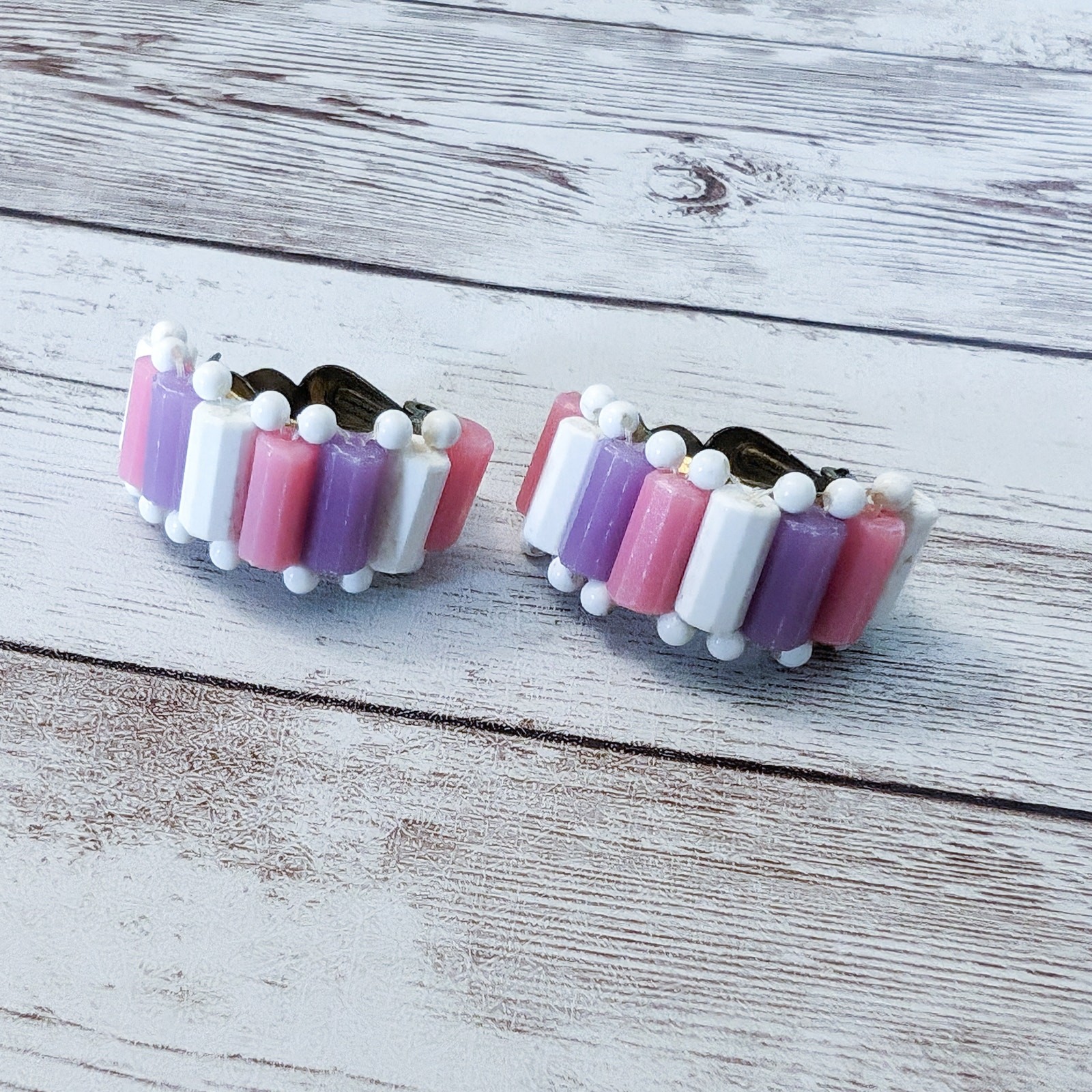 Vintage Clip On Earrings White, Purple, Pink Large Chunky Half Hoops