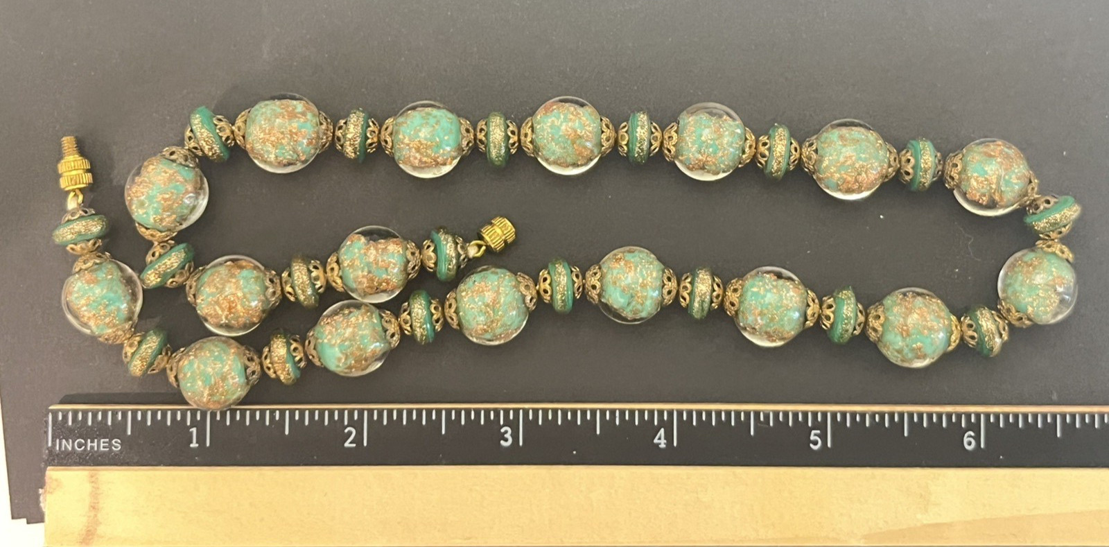 Vintage Murano Foil Glass Necklace Beaded Venetian Italy Estate Jewelry Green