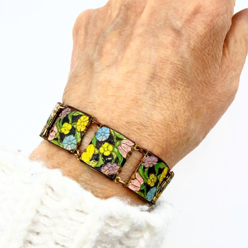 Vintage 1930s Floral Enamel & Brass Link Bracelet Made in England