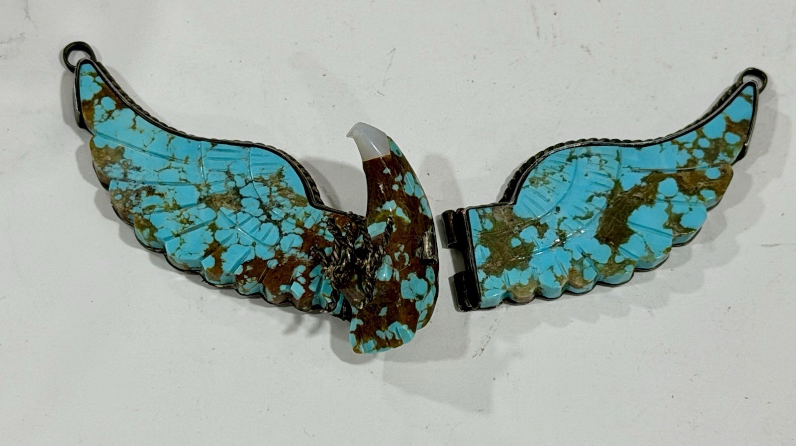 Vintage Native Navajo Carved Turquoise & Silver Large Wing Spread Eagle Pendant
