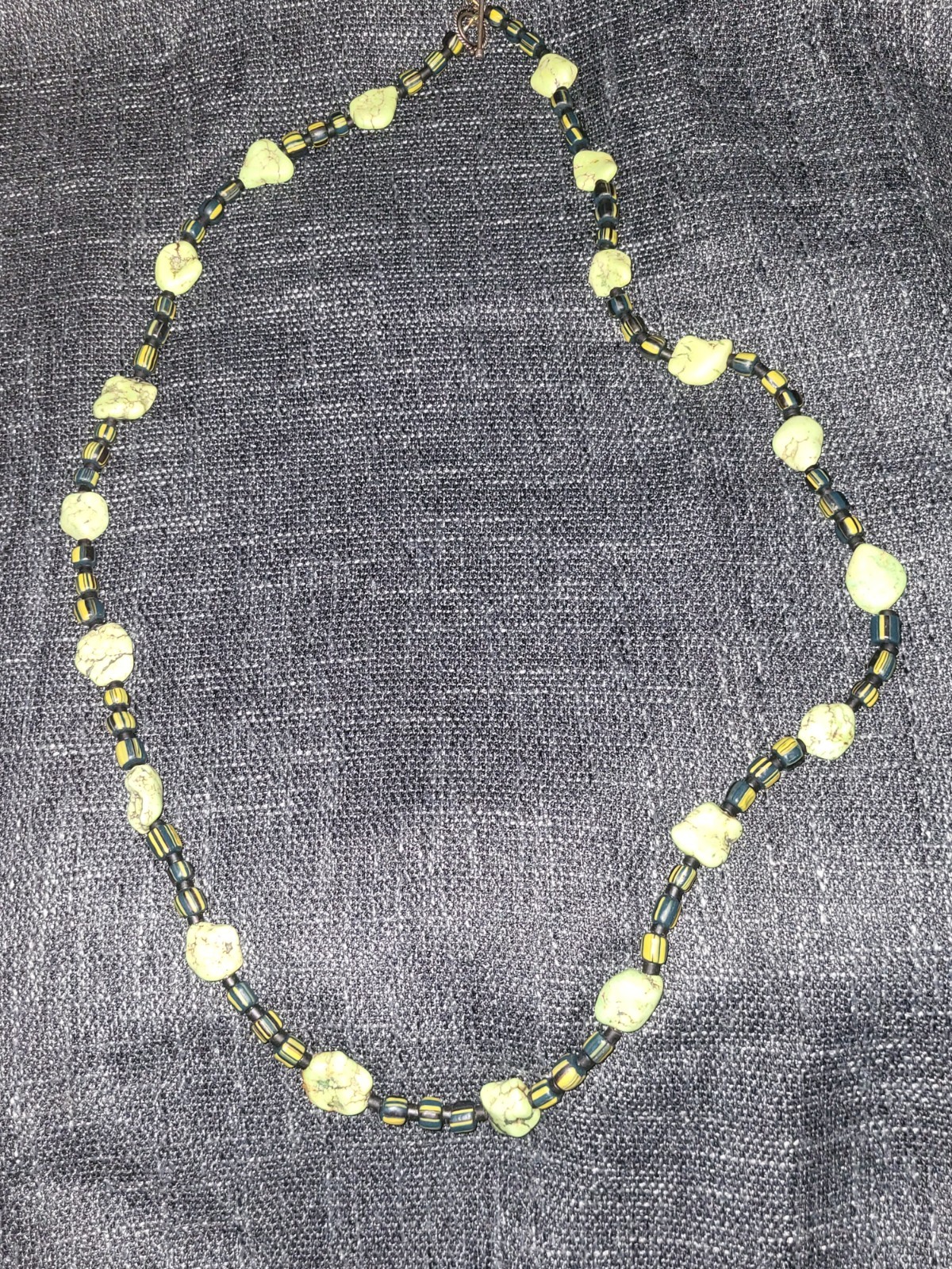 ​Vintage Global Folk Art Beaded Necklace, Green Stone & Striped Glass Beads