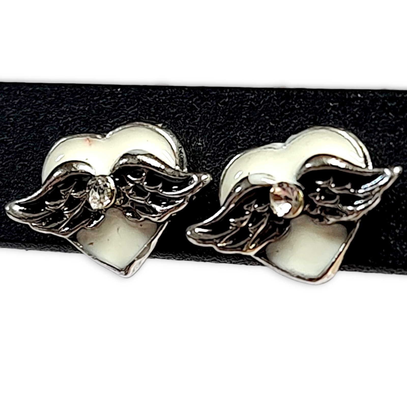 Black White Enamel Rhinestones Silver Tone Hearts Angel Wings Everyday Earrings