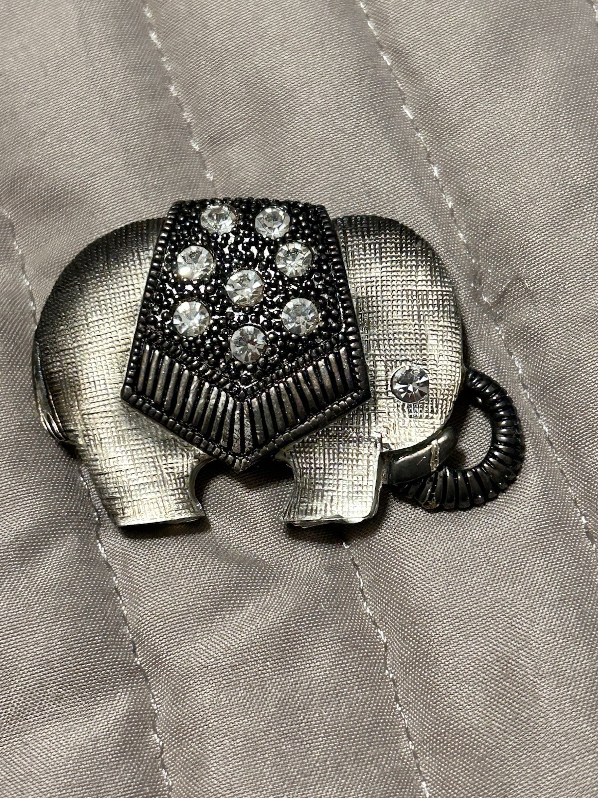 Vintage Resin & Hammered Metal Elephant Brooch Pin Rhinestone Embellished