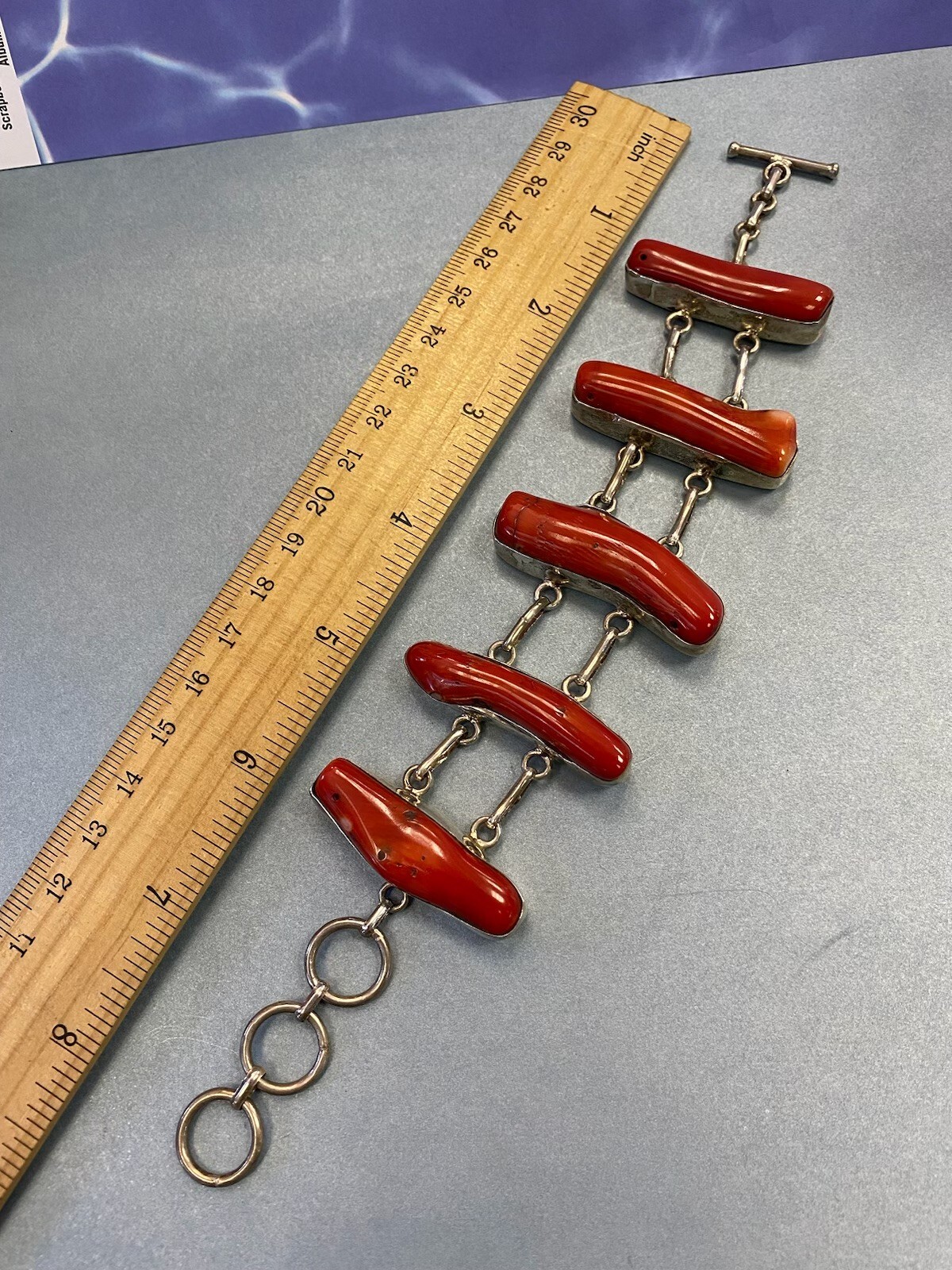 VINTAGE RED CORAL GENUINE 925 STERLING SILVER BIG BRACELET 7″ – 8 1/2″ Unique