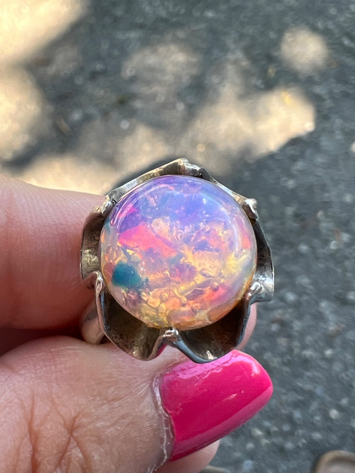 VINTAGE LARGE ROUND CABOCHON FAUX RAINBOW OPAL RING 925 STERLING SLVER MEXICO