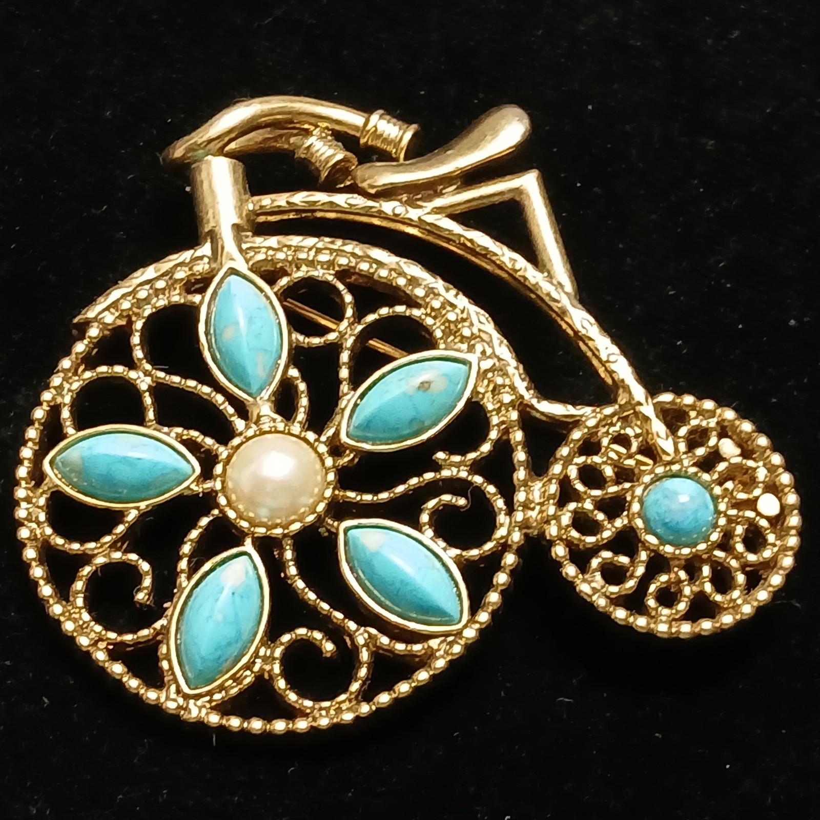 Vtg Whimsical Bicycle Brooch Pin Faux Turquoise Cabochons Nostalgic Unique