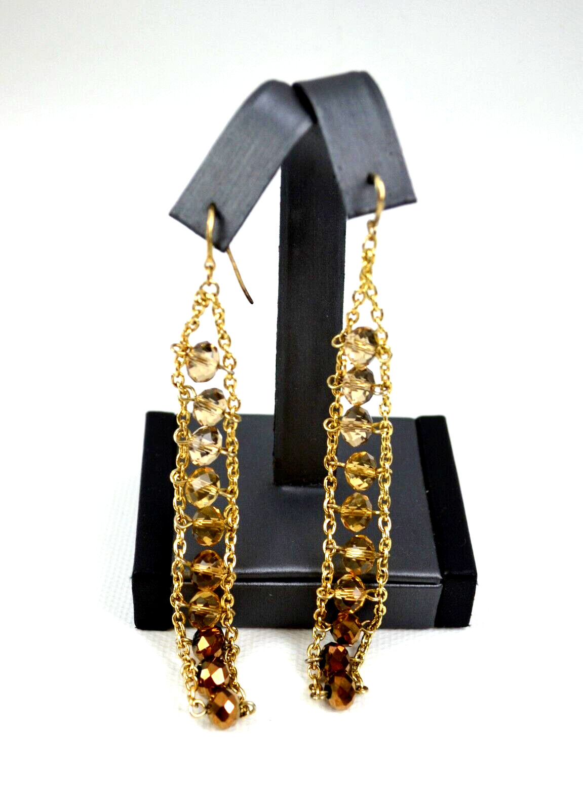 Gold Tone Dangle Pierced Hook Earrings Row of Gold Color Faceted Beads 4.5″