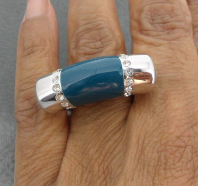 Lia Sophia Queue Cocktail Ring Women Ocean Blue Teal Enamel Bar Crystal Dinner 8