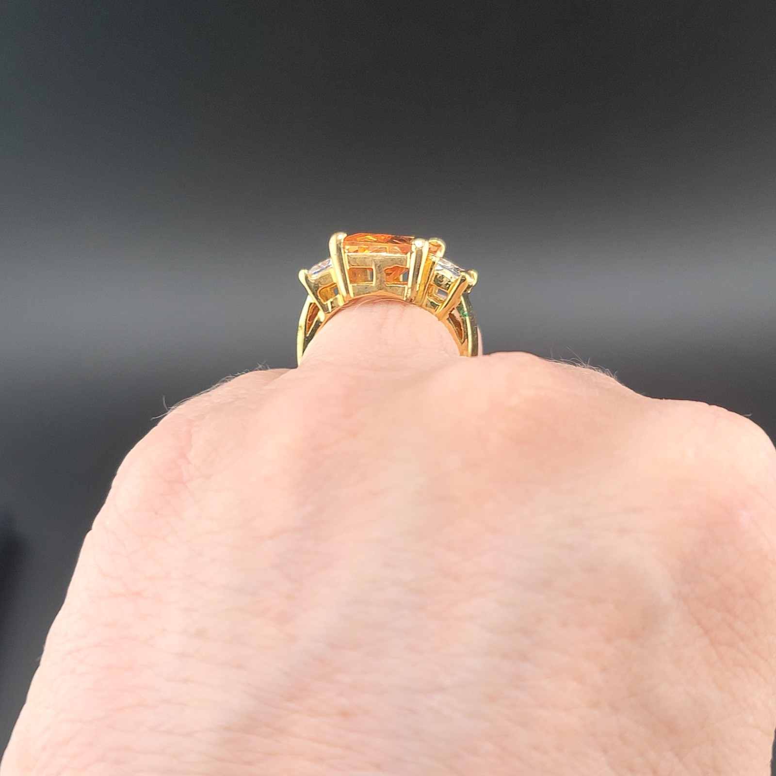 Vtg Sz 7 Ring Lg Citrine Clear Cubic Zirconia 18KGE Fashion Jewelry Glam Classy