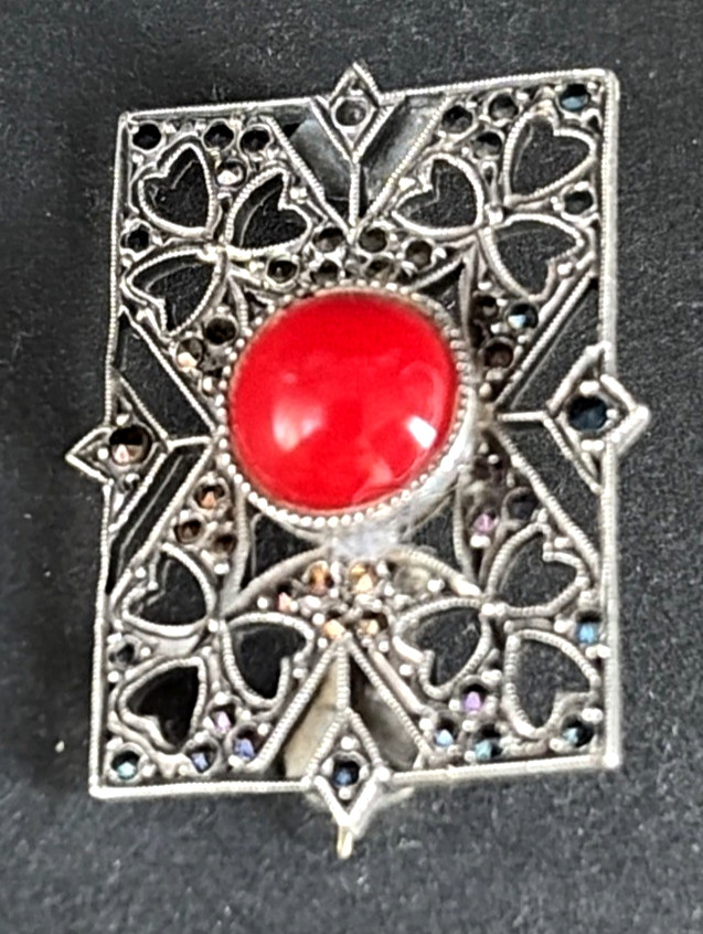 Vintage Art Deco Sterling Silver Coral & Marcasite Brooch Pin Tested 4.9g