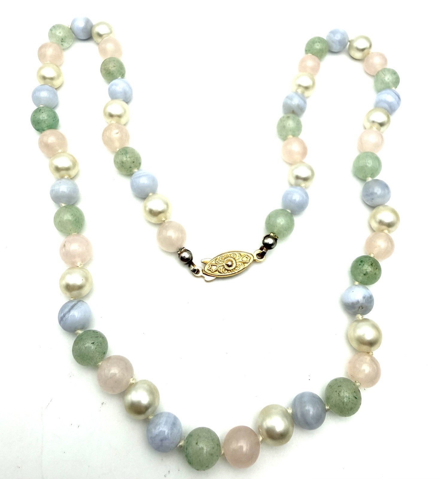 Vintage Pastel Beryl Gemstone Necklace Faux Pearl Accents 20” Fish Hook Clasp
