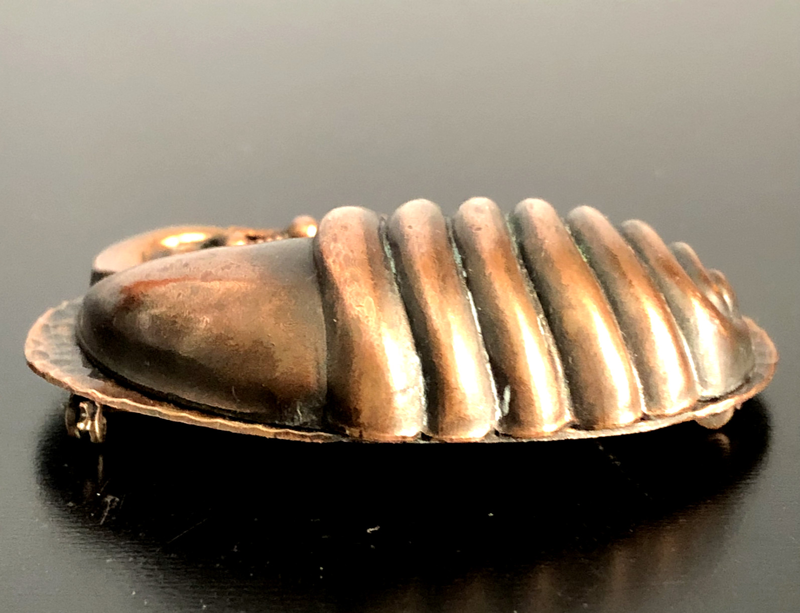 VTG Bronze/Copper Tone SEASHELL BROOCH Oval 2 3/8″ wide Embossed Unique Rare