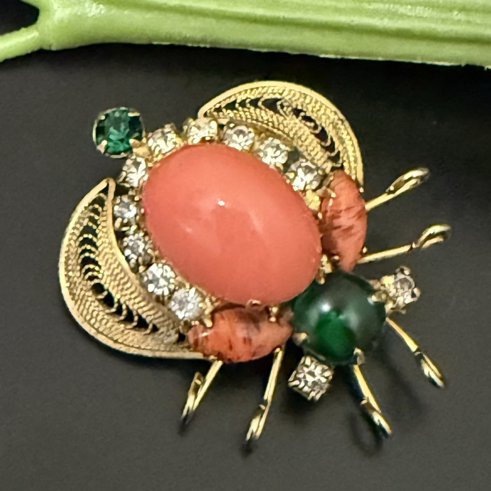 Rare Juliana Delizza & Elster Faux Coral Cabochon Rhinestones Beetle Bug Brooch