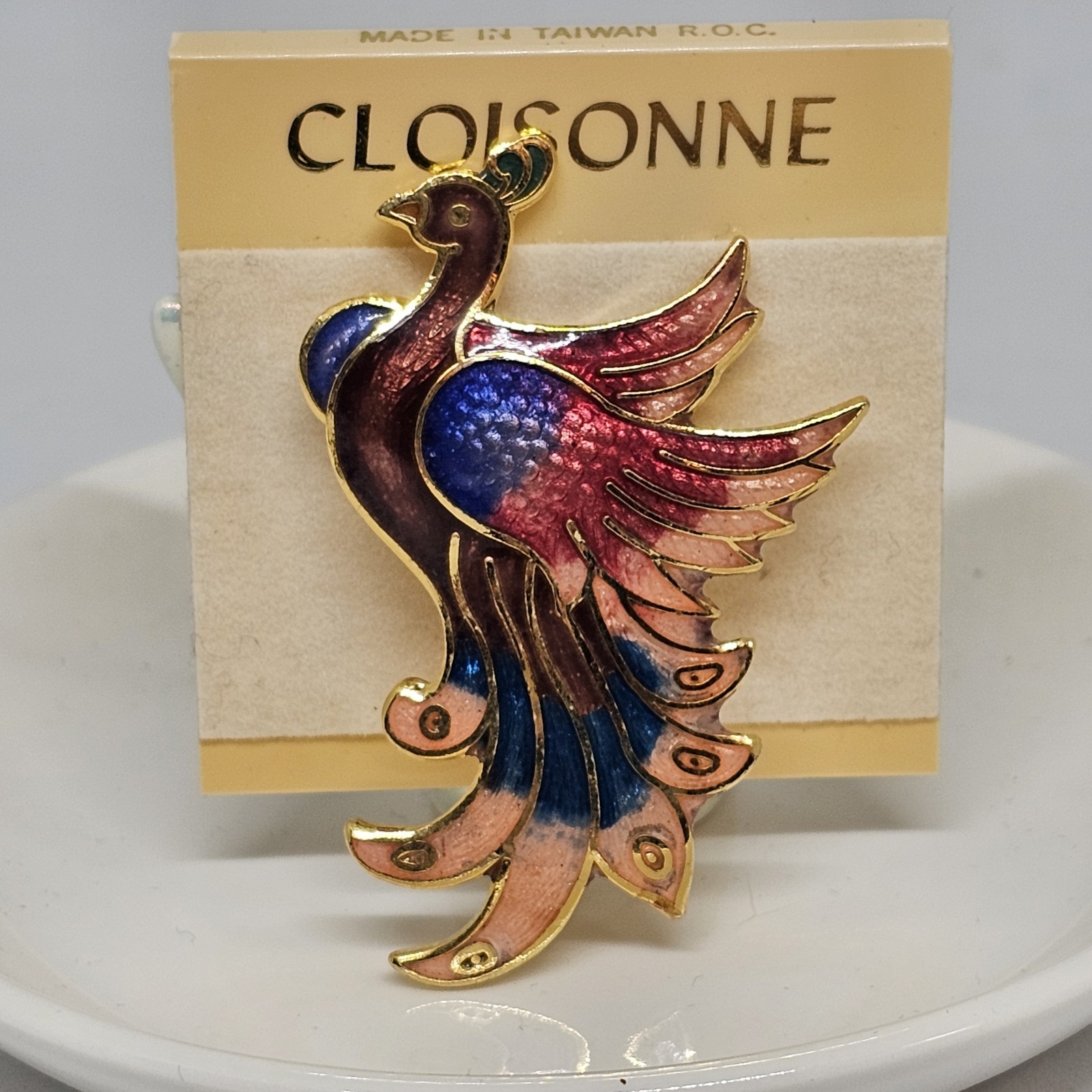 Vintage Cloisonne Enamel Bird Brooch Pin Blue Red Gold Bird