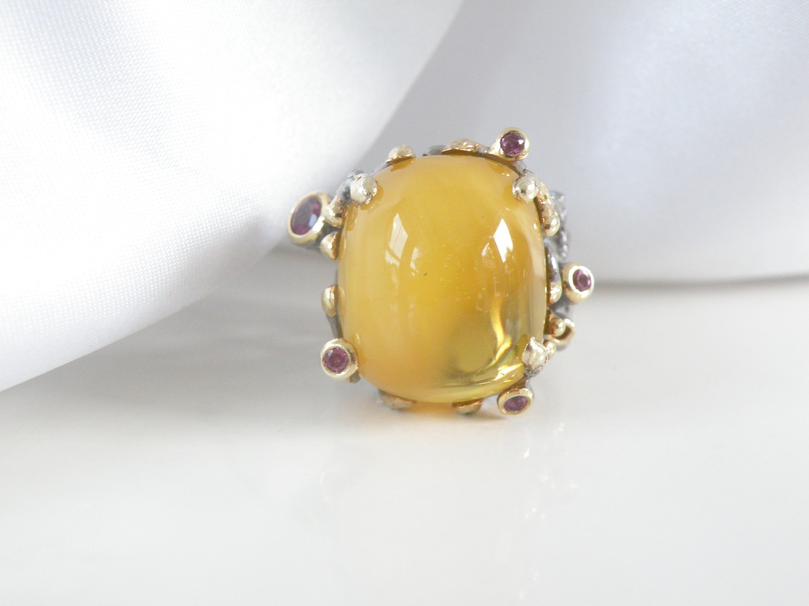 Brutalist Sterling Silver 925 Huge Butterscotch Amber Modern Statement Ring 7.5