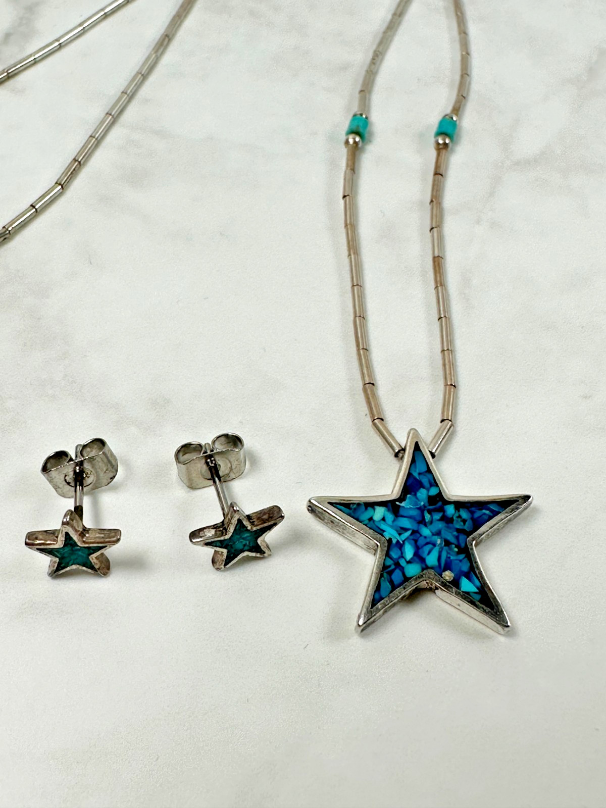 Sterling Silver Star Necklace & Stud Earrings w/ Turquoise Chip Inlay – 14″
