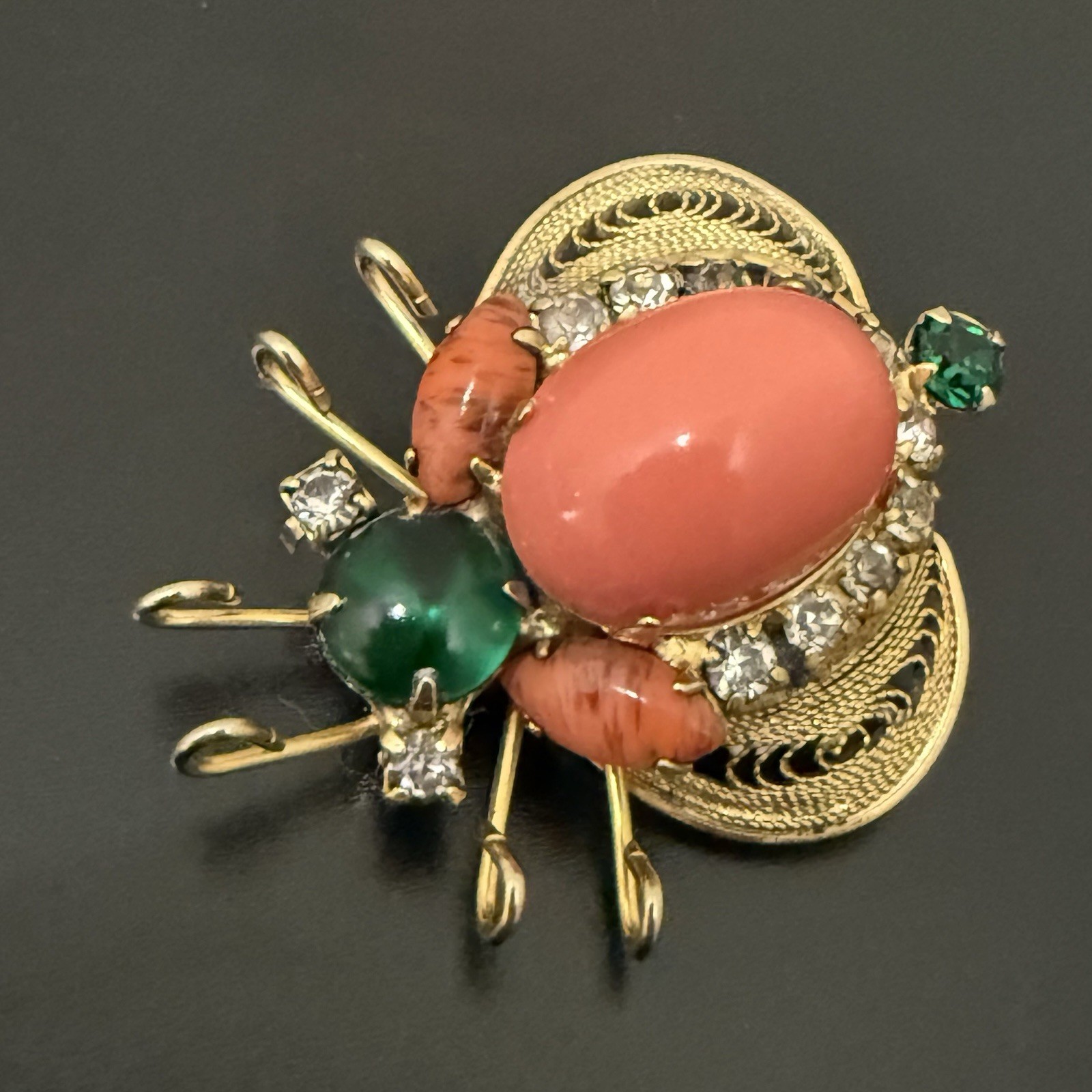 Rare Juliana Delizza & Elster Faux Coral Cabochon Rhinestones Beetle Bug Brooch
