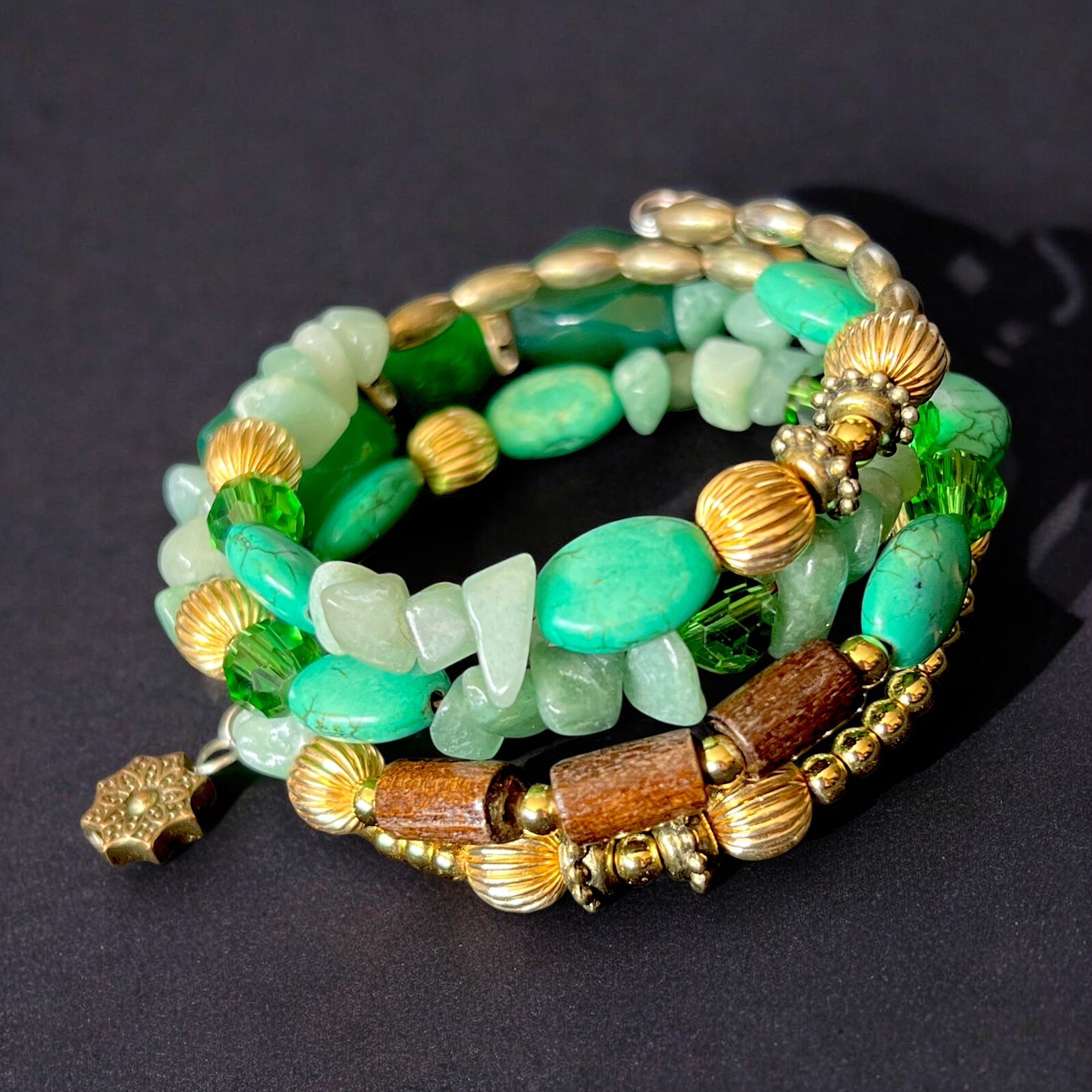 Boho Gemstone Beaded Bracelet Multi-Strand Wrap Wood Turquoise Gold Vintage