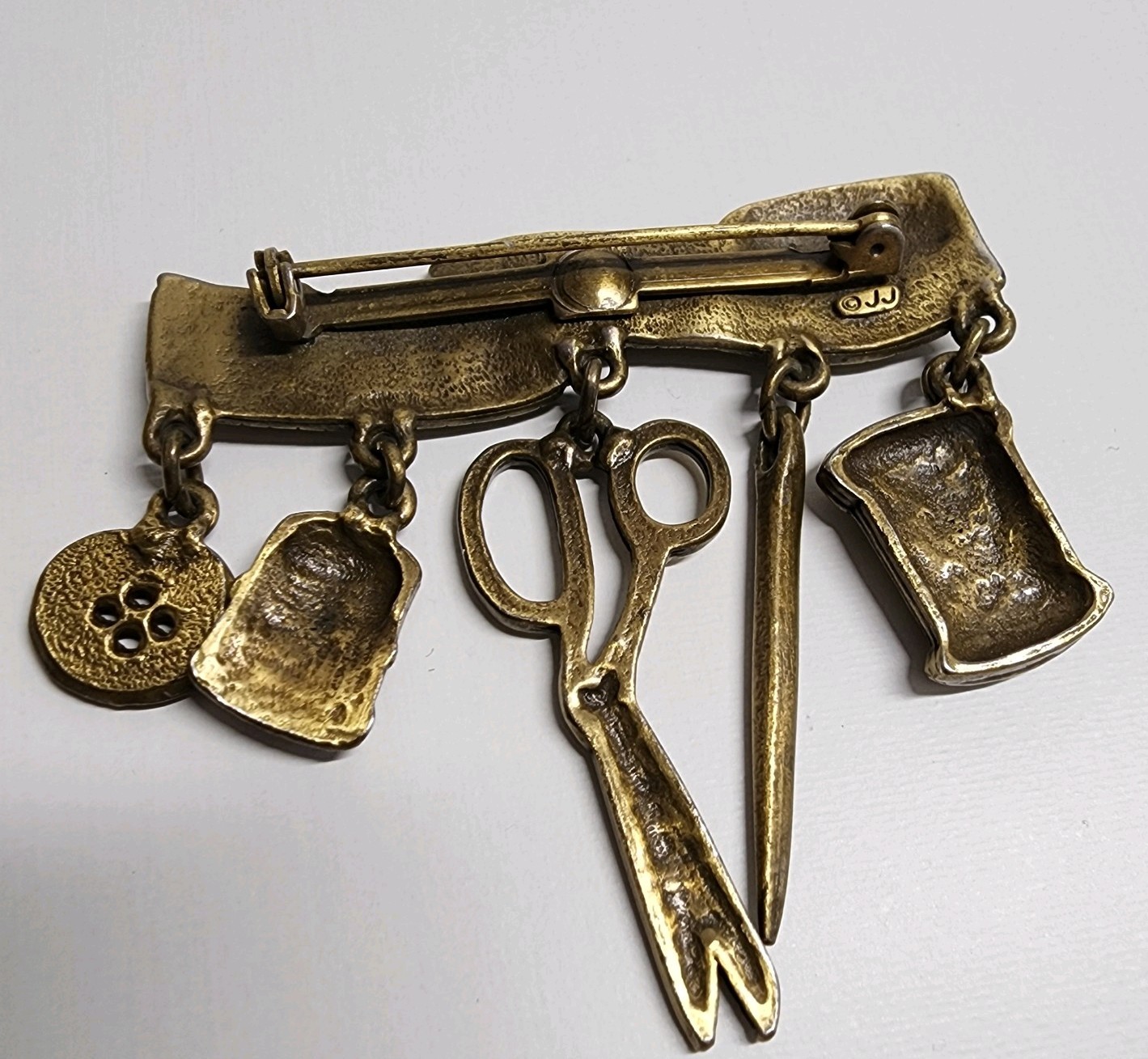 Vintage JJ Jonette Sewing Brooch Thimble Scissors Tape Measure Gold Tone