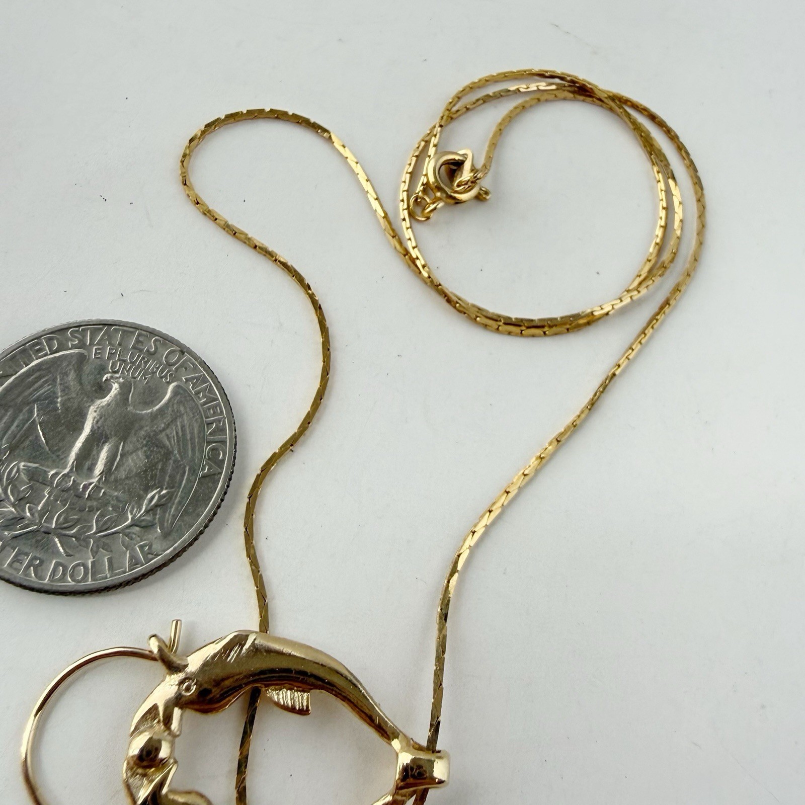 Vintage Double Dolphin Charm Holder Pendant Chain Necklace 18” Goldtone