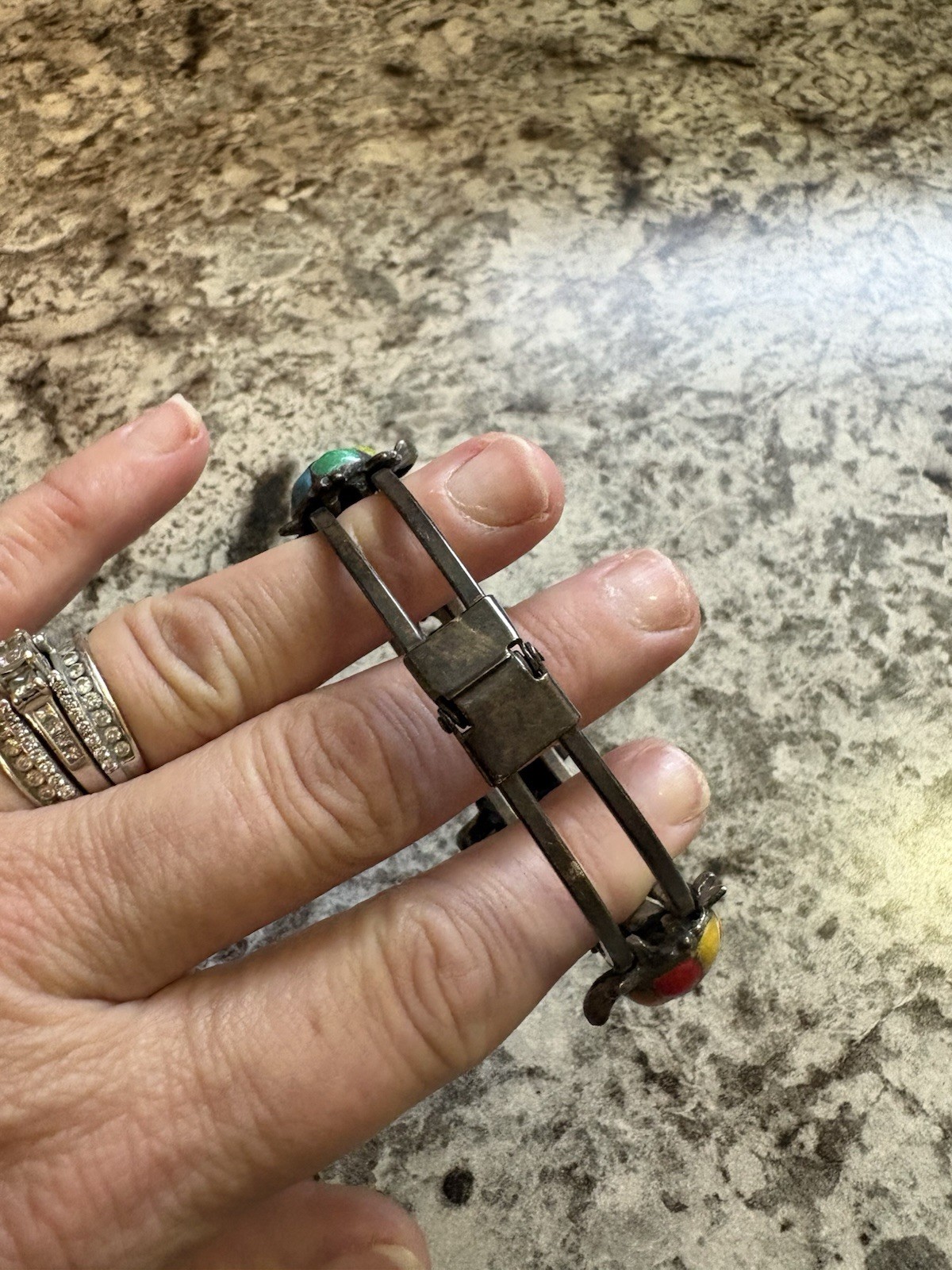 Vintage Turtle Bracelet Silver Tone Metal Green Enamel Floating Enamel Turtles