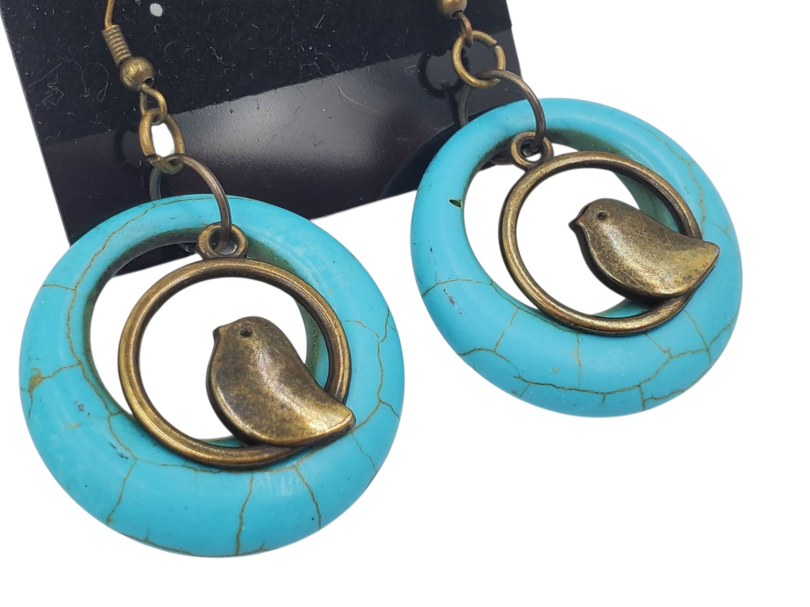 Vintage Brass and Blue Dyed Howlite Circles Dangle Bird Hook Pierced Earrings