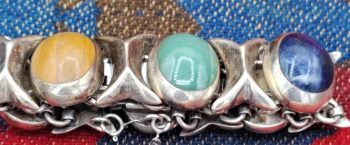 Vintage Mid Century Sterling and Multi Stone Mexico Bracelet