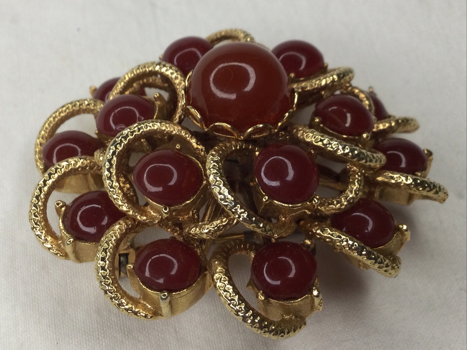 Vintage Sunburst Flower Swirl Brooch Pin Carnelian Goldtone 2” Multi Stone Retro