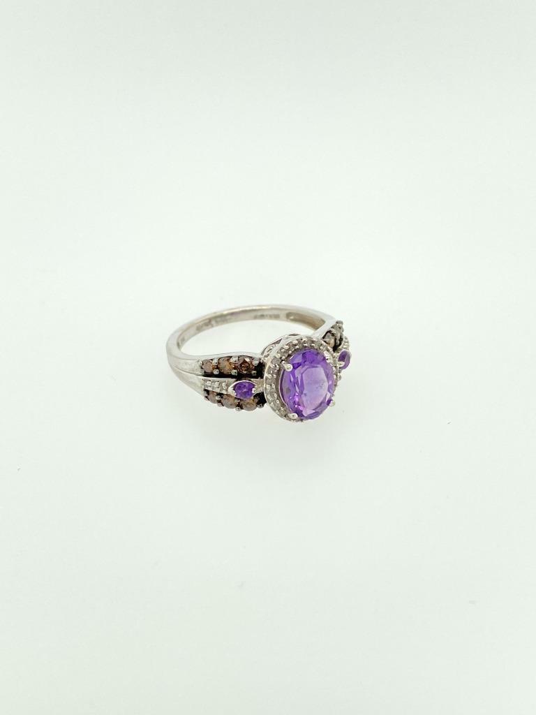 Vintage JW Brine 10k White Gold Amethyst Champagne Diamond Ring Sz 7