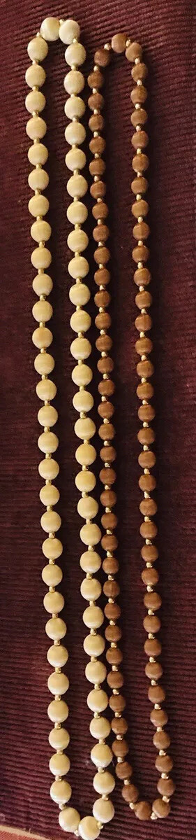 2 Vintage Ivory And Gold Satin Bead Necklaces With Gold Tone Spacers