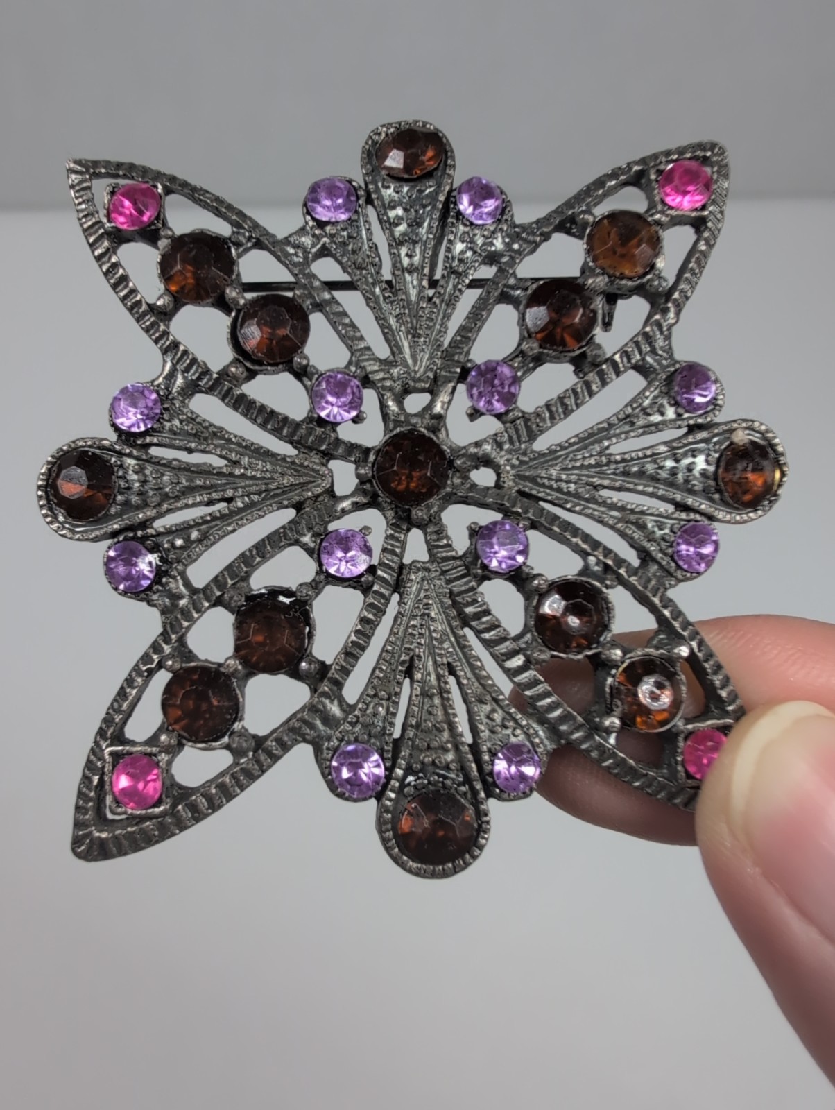 Vintage Rhinestone Brooch Filigree Pink Purple Amber Floral Pin Estate Jewelry