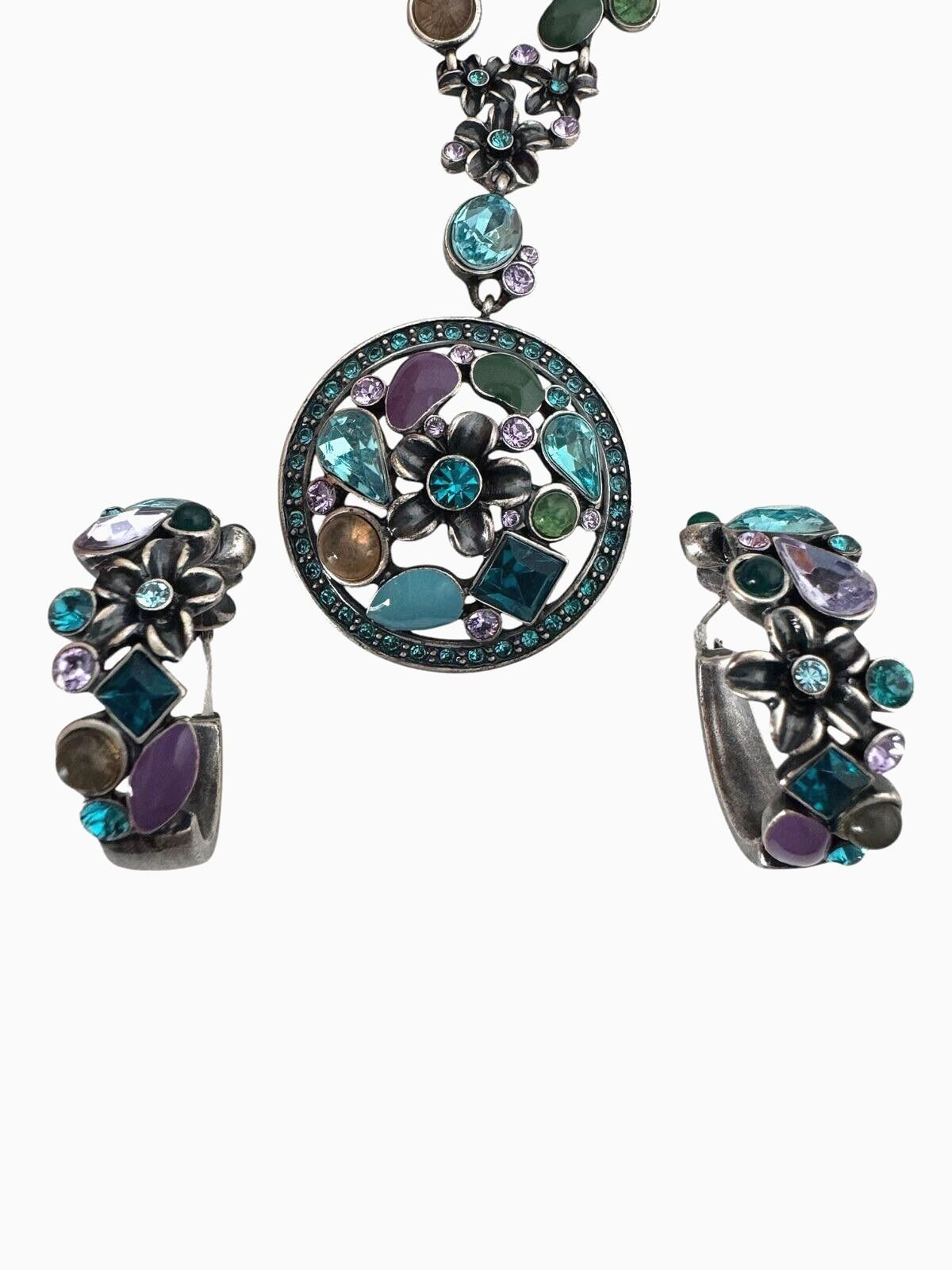 Floral Purple Blue Rhinestone Enamel Pendant Necklace / Earring Set ~Silver Tone