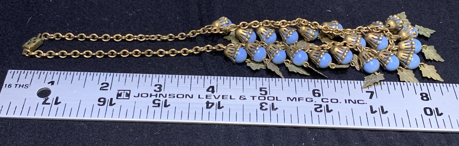 Vintage 16” Flower-like Capped Blue Celluloid Balls w/ Dangling Leaves Necklace