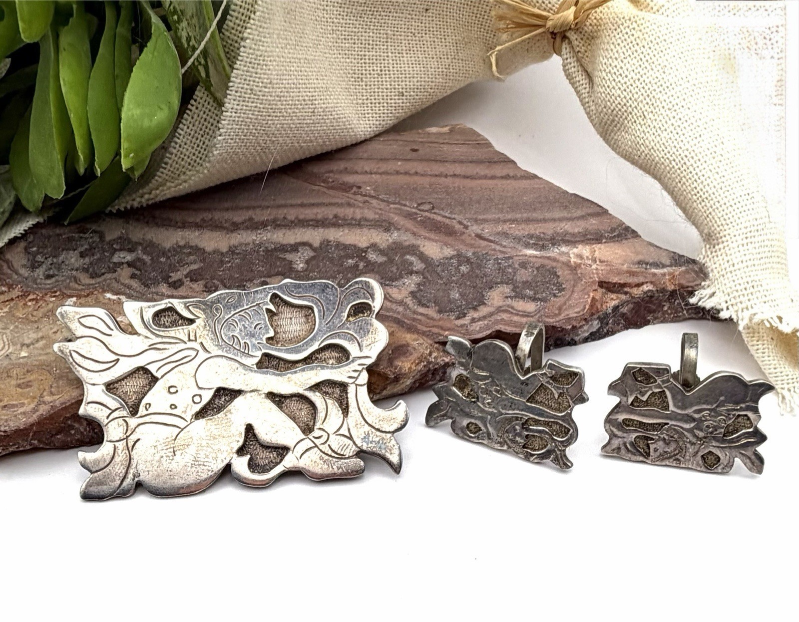 VINTAGE STERLING GUATEMALA PIN BROOCH+SCREWBACK EARRINGS Set R&M Estate Jewelry!
