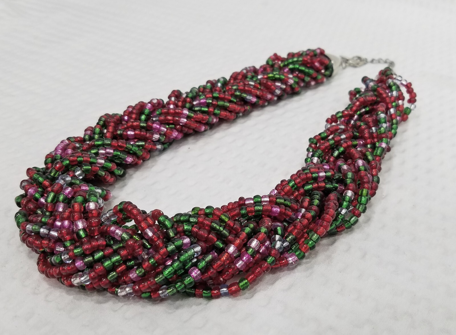 Vintage Signed You & I Burgundy Pink and Green Braided Seed Beed Choker Necklace