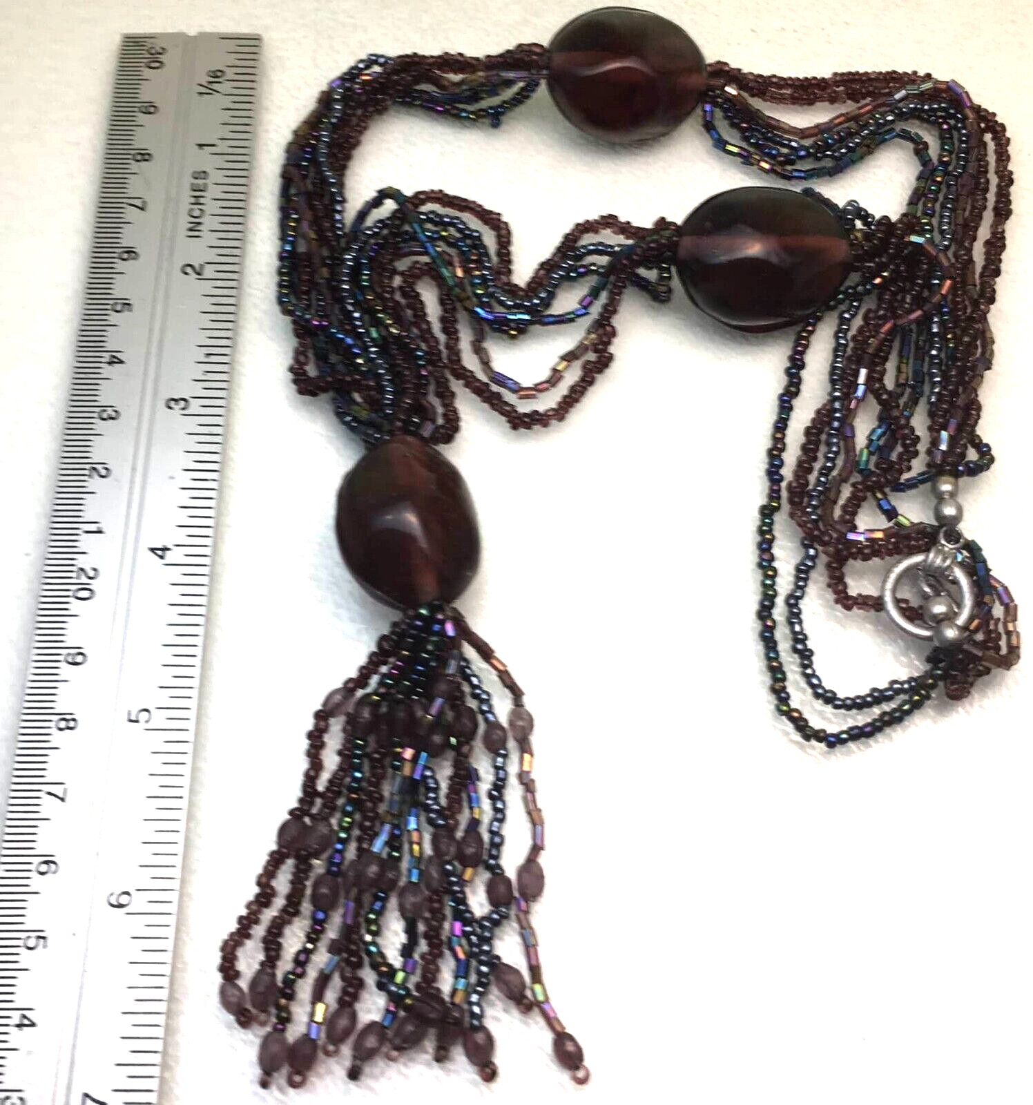 Purple Tassel Pendant Large Glass Beads Peacock Seed Beads Toggle Clasp 23“ Long