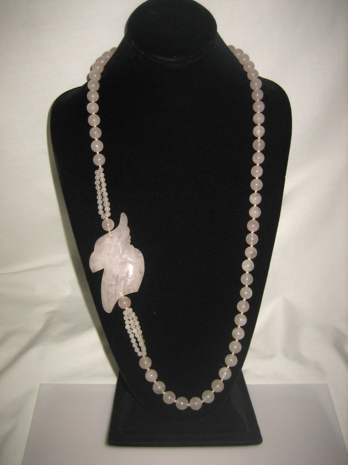 Vintage Rose Pink Quartz Parrot Hand Knotted Bead Pendant Necklace
