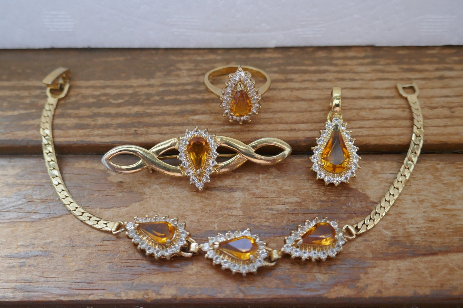 VTG Lot GP Set Citrine & Clear CZ Bracelet Pendant Necklace Enhancer Brooch Ring