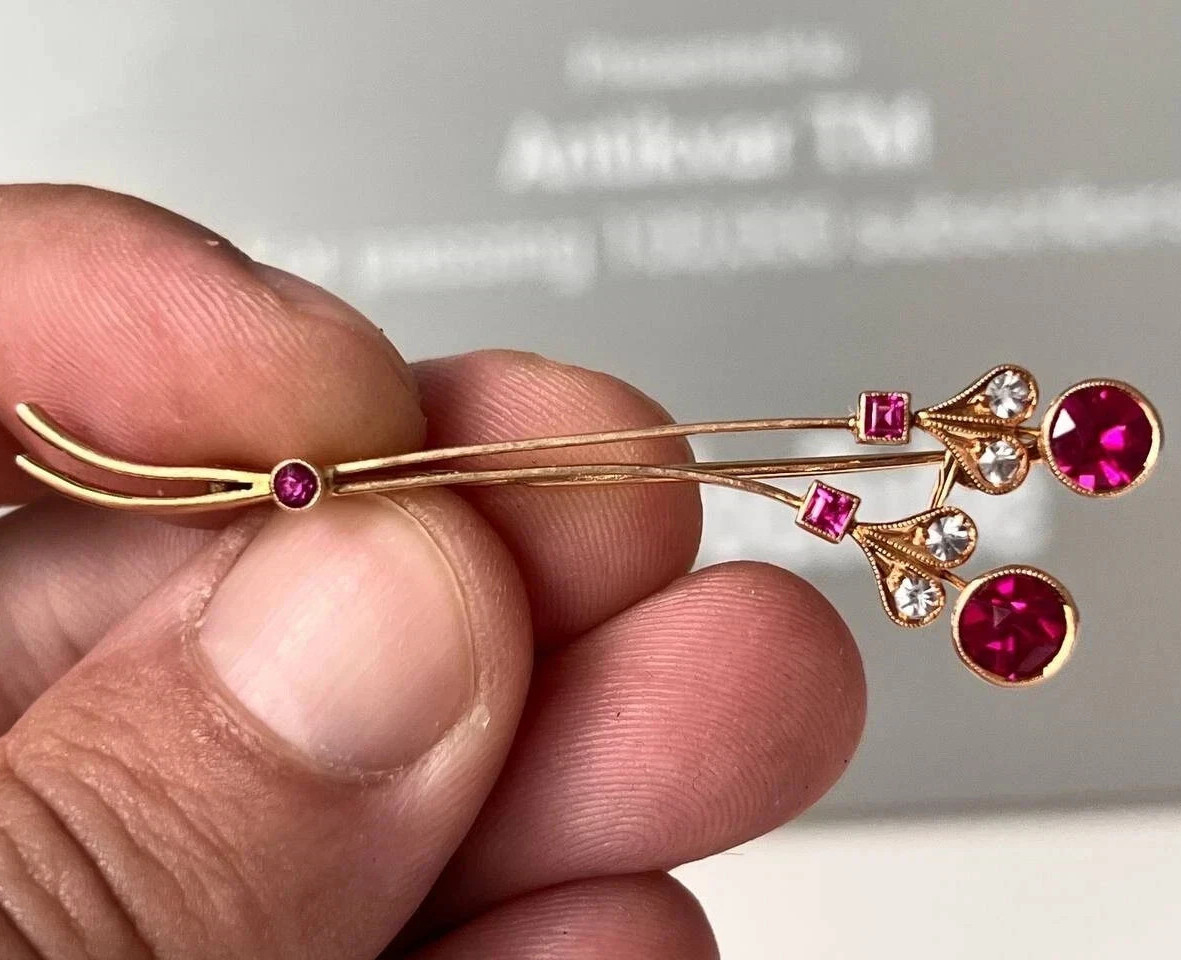 Vintage Soviet Solid Rose Gold Ruby Brooch 583 14K USSR Original 4.28 g