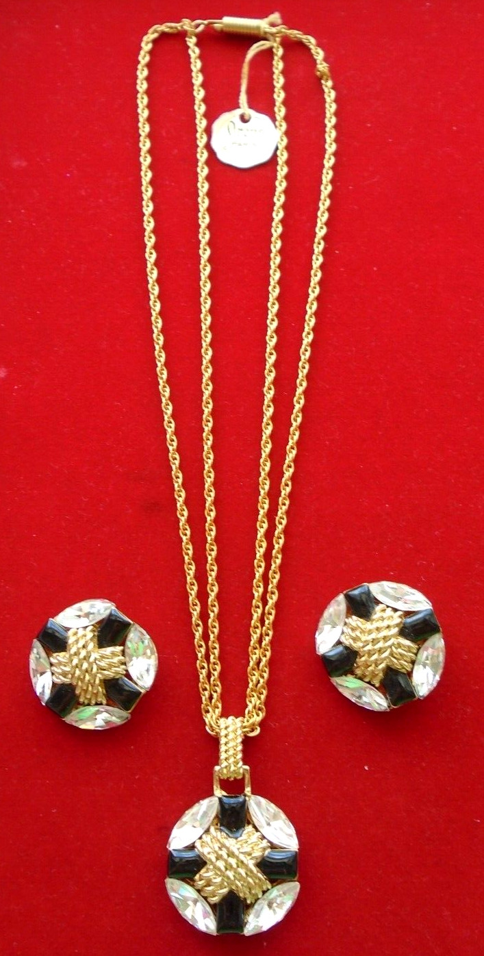 Signed Orena Paris Gold Ton Earring Necklace Set Vintage Marquise Crystal France
