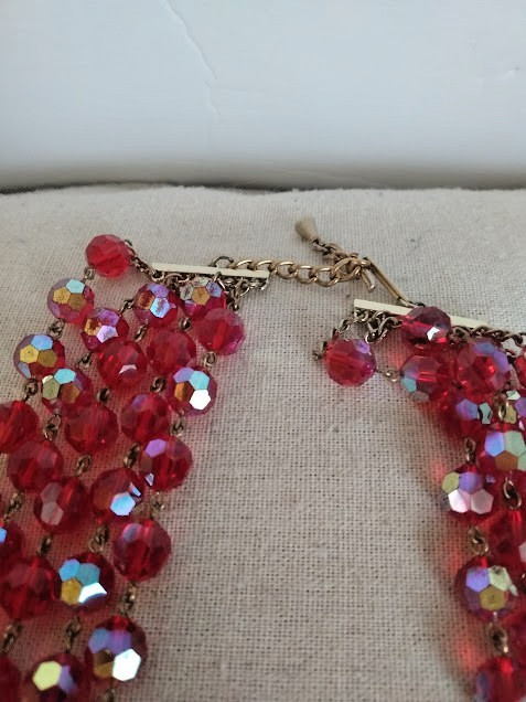 VTG Four Strand Red AB Faceted Glass Beaded Necklace