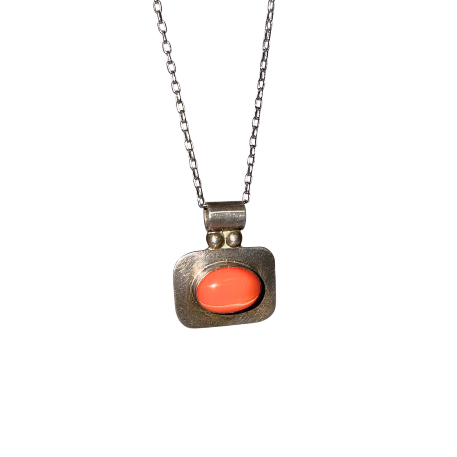 Vintage ATI Mexico 925 Sterling Silver Coral Cabochon Pendant Necklace Signed