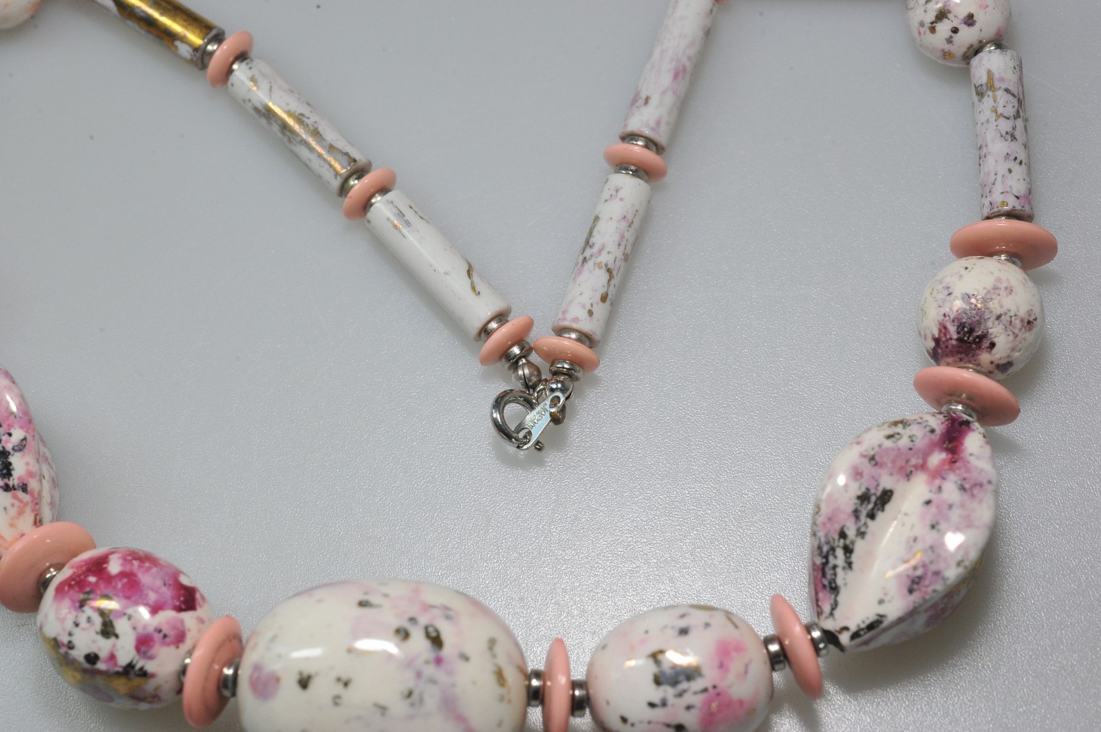 Necklace signed romantic cottage core ceramic hand painted pink ivory gold 18″