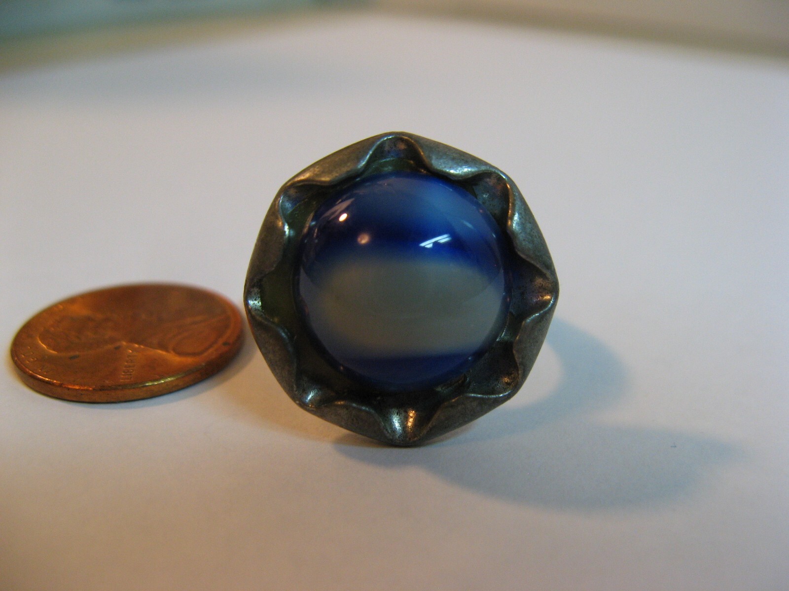 VINTAGE BENT LARSEN TIN PEWTER & GEMSTONE RING/ADJUSTABLE AND COLLECTIBLE.
