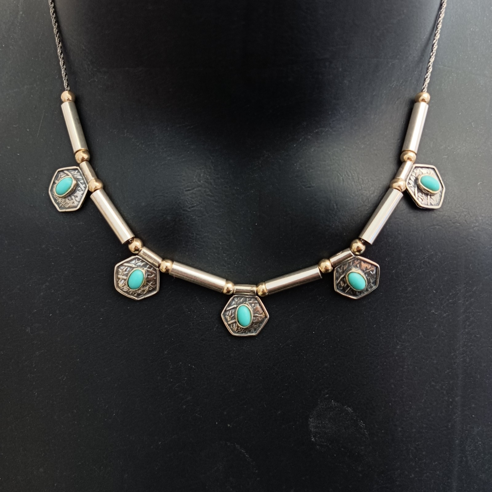 Vintage Artisan Necklace Sterling Silver 10k Gold Bead Geometric Drops Turquoise